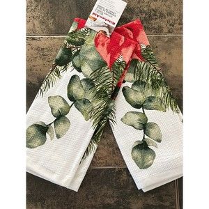 New Kitchen Aid Kitchen Towels Red Poinsettia Eucalyptus Green Cotton Terry 2 Pk